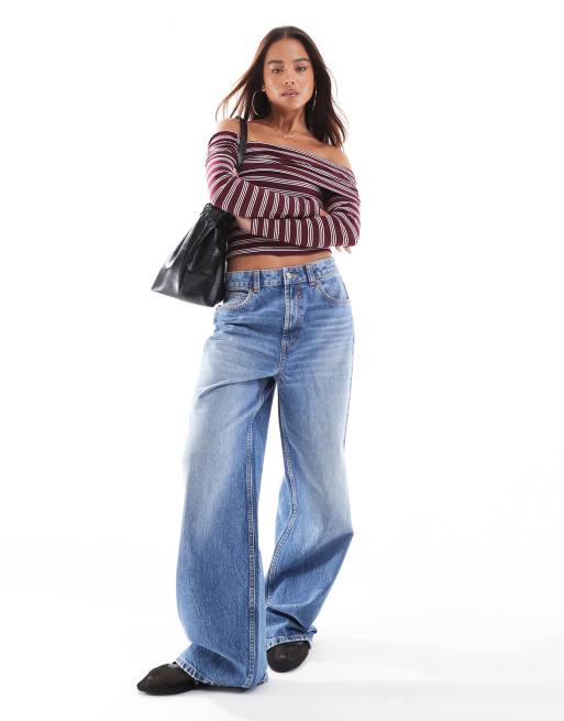 ASOS DESIGN – Bordowy prążkowany top z wywiniętym dekoltem bardot w paski, 3 z 4
