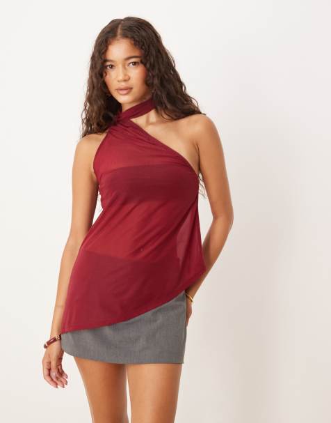 ASOS DESIGN sheer scarf detail asym longline top in burgundy