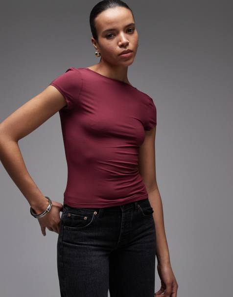 ASOS DESIGN – Bordowy przylegający top ze skośnymi rękawkami i wycięciem w kształcie U na plecach - view 1