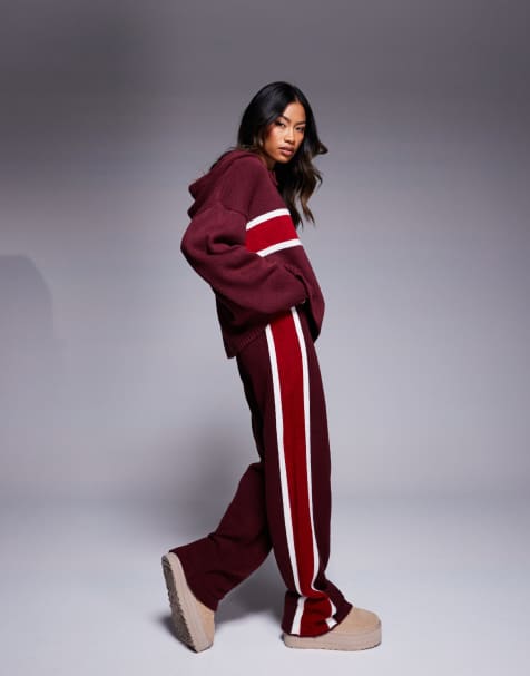 ASOS DESIGN – Bordowy puszysty zestaw dzianinowy: spodnie z szerokimi nogawkami i bluza z kapturem - view 1