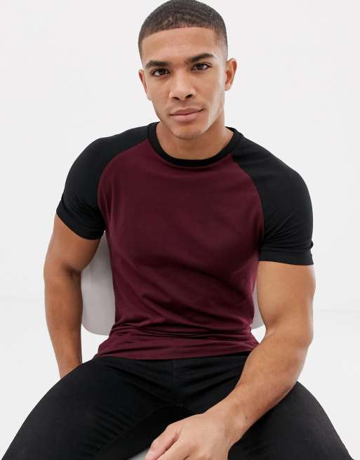 ASOS DESIGN — Bordowy raglanowy t-shirt o kroju podkreślającym sylwetkę z okrągłym dekoltem