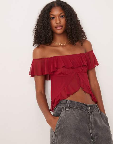 ASOS DESIGN – Bordowy rozcięty z przodu top z dekoltem bardot i falbanką - view 1