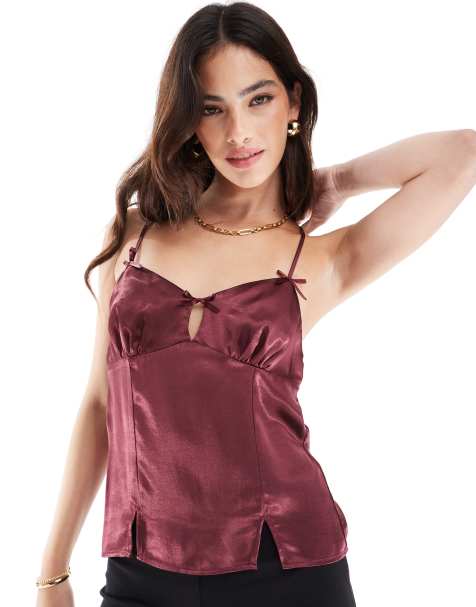ASOS DESIGN – Bordowy satynowy top na ramiączkach z kokardkami - view 1