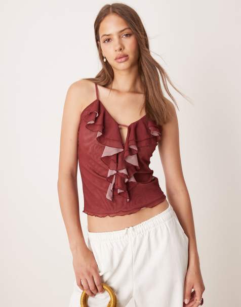 ASOS DESIGN mesh ruffle cami top in burgundy