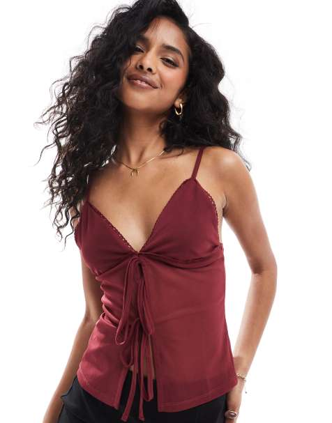 ASOS DESIGN – Bordowy siateczkowy top na ramiączkach z koronkowym wykończeniem - view 1