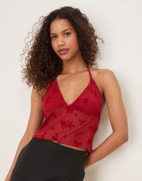 ASOS DESIGN flocked mesh plunge frill halter top in burgundy - BURGUNDY