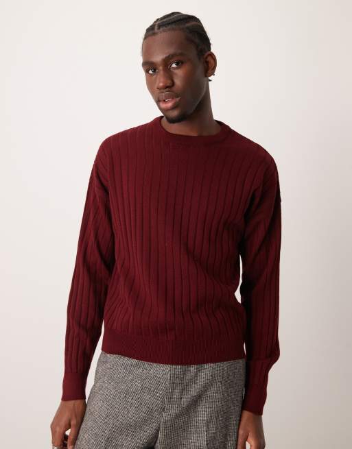 ASOS DESIGN – Bordowy sweter o luźnym pudełkowym kroju z okrągłym dekoltem z prążkowanej dzianiny