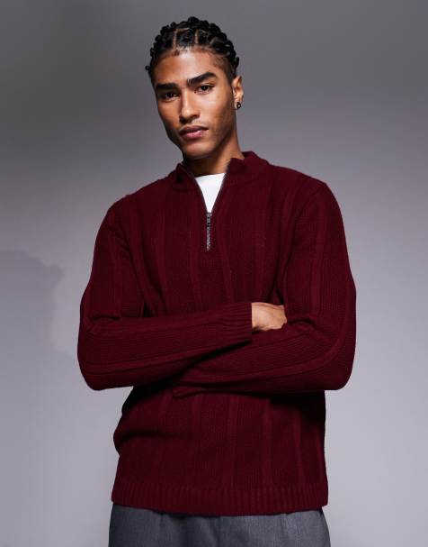ASOS DESIGN knitted half zip funnel neck jumper in burgundy stripe
