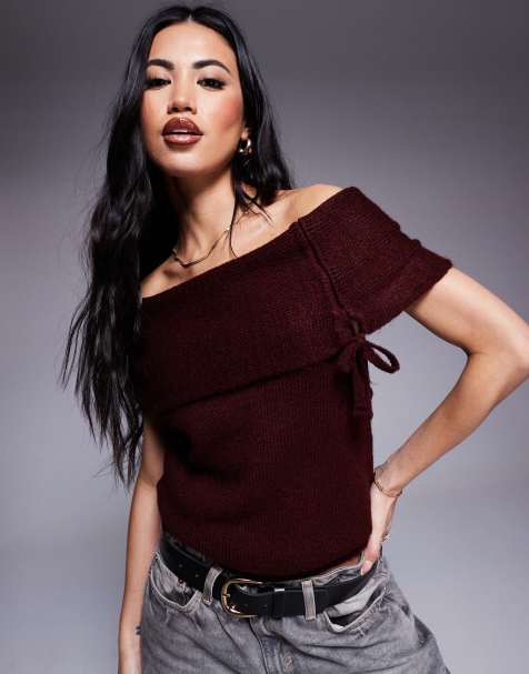 ASOS DESIGN – Bordowy sweter z dekoltem bardot z odkrytymi ramionami - view 1