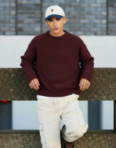 ASOS DESIGN super oversized boxy fit knitted crew neck jumper in burgundy	