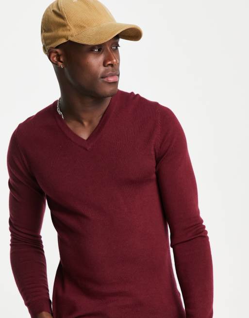 ASOS DESIGN – Bordowy sweter z wełny merynosów o kroju podkreślającym sylwetkę z okrągłym dekoltem