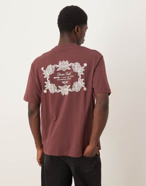 ASOS DESIGN – Bordowy T-shirt o luźnym kroju z grafiką z kwiatowym emblematem - view 1