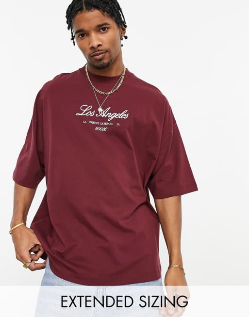 ASOS DESIGN – Bordowy T-shirt oversize z nadrukiem „Los Angeles“ na piersi