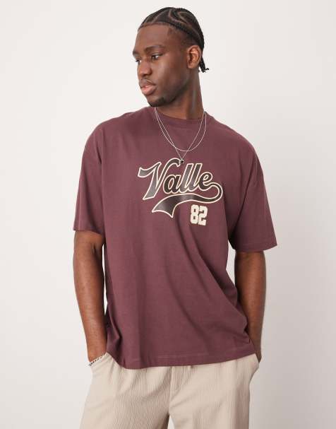 ASOS DESIGN oversized t-shirt with varsity graphics in burgundy