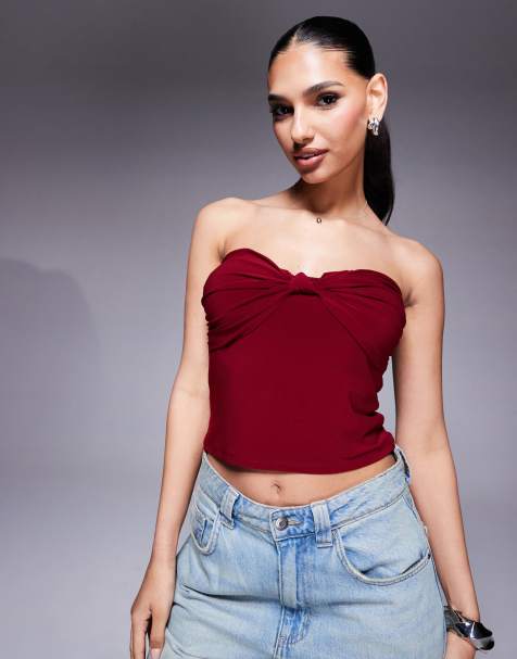 ASOS DESIGN bandeau top with twist knot detail in wine