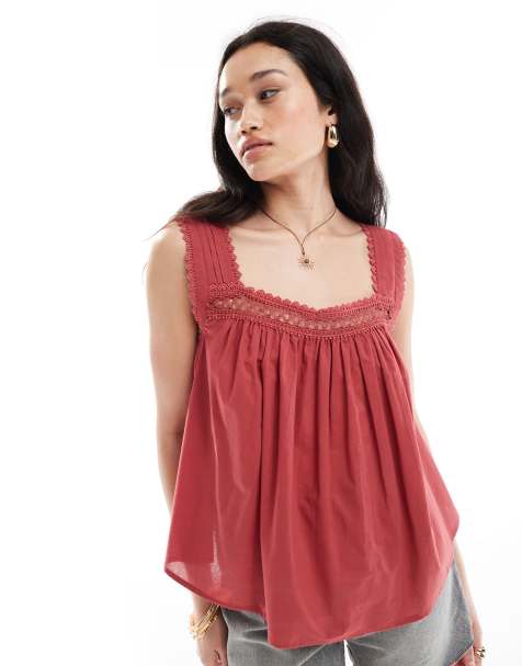 ASOS DESIGN lace trim square neck cami top in burgundy