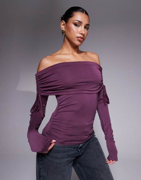 ASOS DESIGN soft handle off shoulder ruched long sleeve top in burgundy