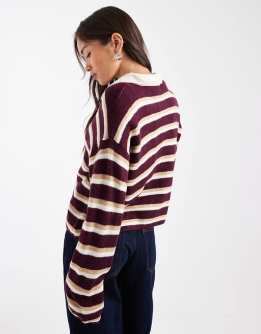 ASOS DESIGN – Bordowy top polo z puszystej dzianiny w paski, 4 z 4