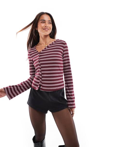 ASOS DESIGN stripe asymmetric button through top in burgundy