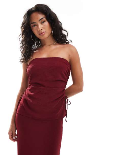 ASOS DESIGN – Bordowy top z dekoltem bandeau i marszczeniem po bokach, część zestawu - view 1