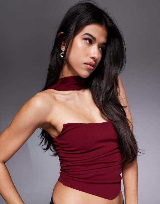 ASOS DESIGN – Bordowy top z dekoltem bandeau z szalikiem, 4 z 4