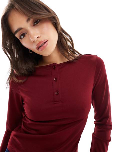 ASOS DESIGN – Bordowy top z długim rękawem i dekoltem henley - view 1