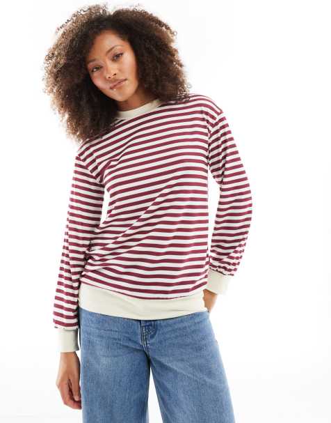 ASOS DESIGN – Bordowy top z długimi rękawami w paski z kontrastowymi mankietami i dekoltem - view 1