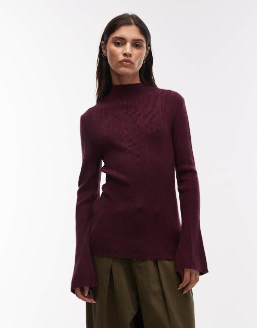 ASOS DESIGN – Bordowy top z dzianiny o delikatnym splocie z rozkloszowanymi rękawami