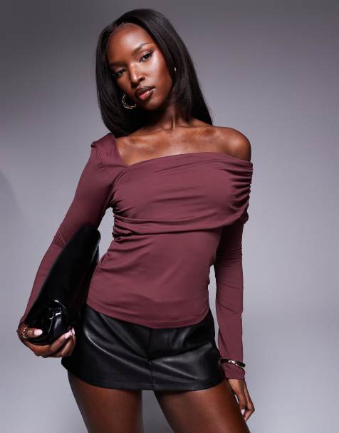 ASOS DESIGN – Bordowy top z poliamidu z odsłoniętymi ramionami - view 1
