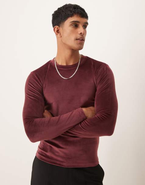 ASOS DESIGN – Bordowy welurowy T-shirt o kroju podkreślającym sylwetkę z długim rękawem - view 1
