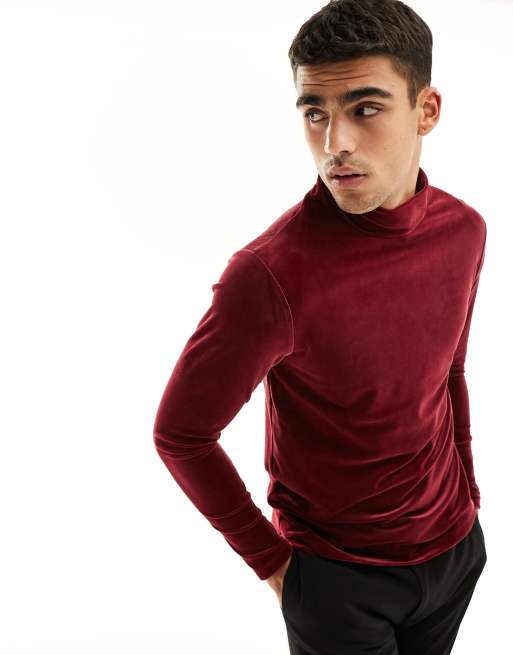 ASOS DESIGN – Bordowy welurowy T-shirt z długim rękawem i golfem o kroju podkreślającym sylwetkę