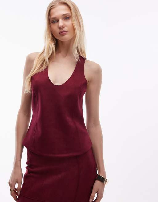 ASOS DESIGN – Bordowy zamszowy top o fasonie bokserki z głębokim dekoltem U, część zestawu, 2 z 3