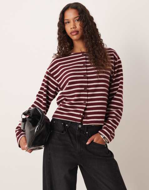 ASOS DESIGN – Bordowy zapinany na guziki szczotkowany top w paski, część zestawu - view 1