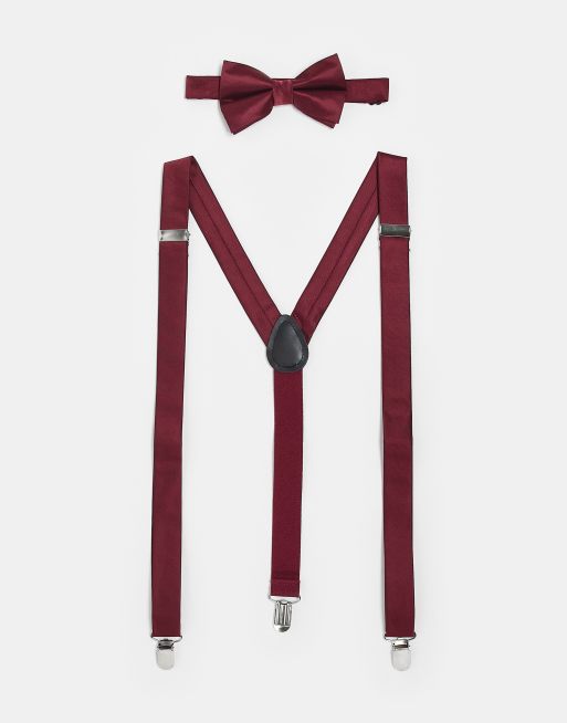 ASOS DESIGN – Bordowy zestaw: muszka i szelki