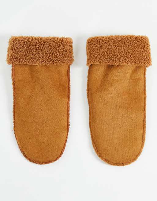 ASOS DESIGN borg and suedette mittens in brown