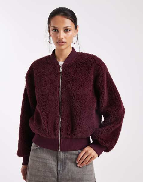 ASOS DESIGN borg bomber jacket in burgundy
