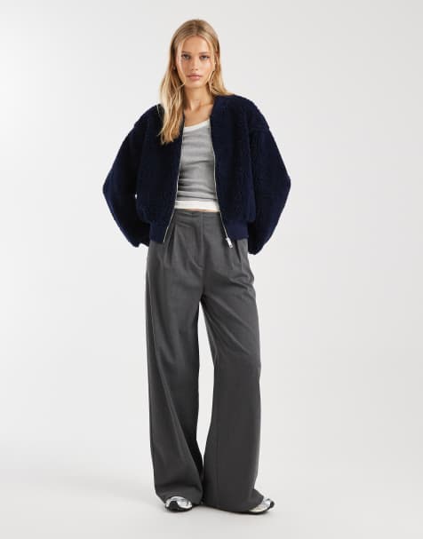 ASOS DESIGN borg bomber jacket in navy