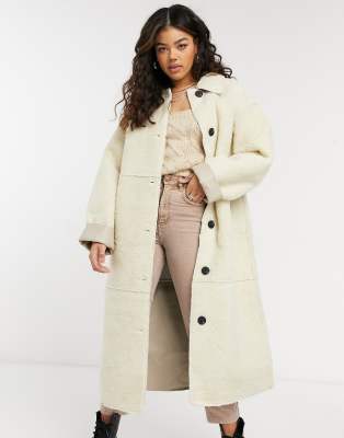 ASOS DESIGN borg bonded collared coat in cream-White