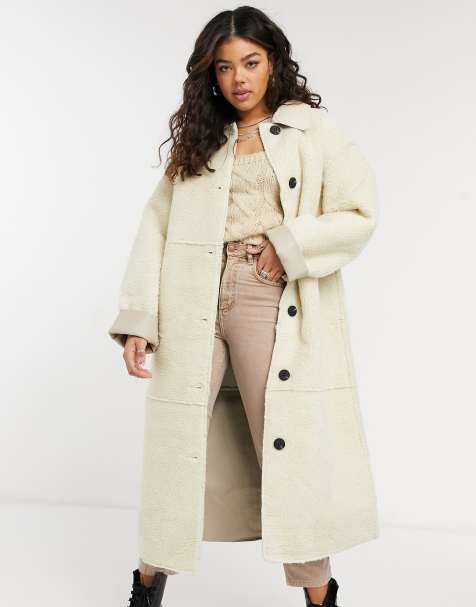 ASOS DESIGN borg bonded collared coat in cream - view 1