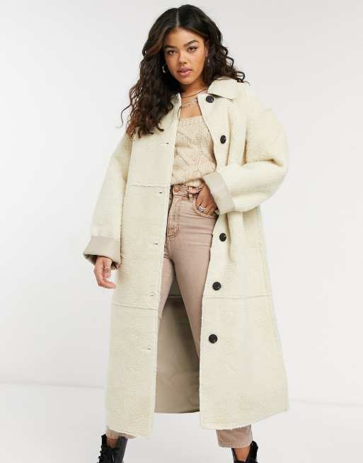 ASOS DESIGN borg bonded collared coat in cream ASOS