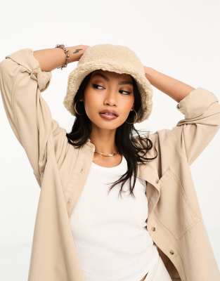 ASOS DESIGN borg bucket hat in cream