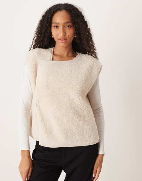 ASOS DESIGN borg button side vest in cream - view 1