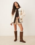 [ASOS DESIGN] ASOS DESIGN borg cardigan with chocolate cord trim in cream-White M CREAM