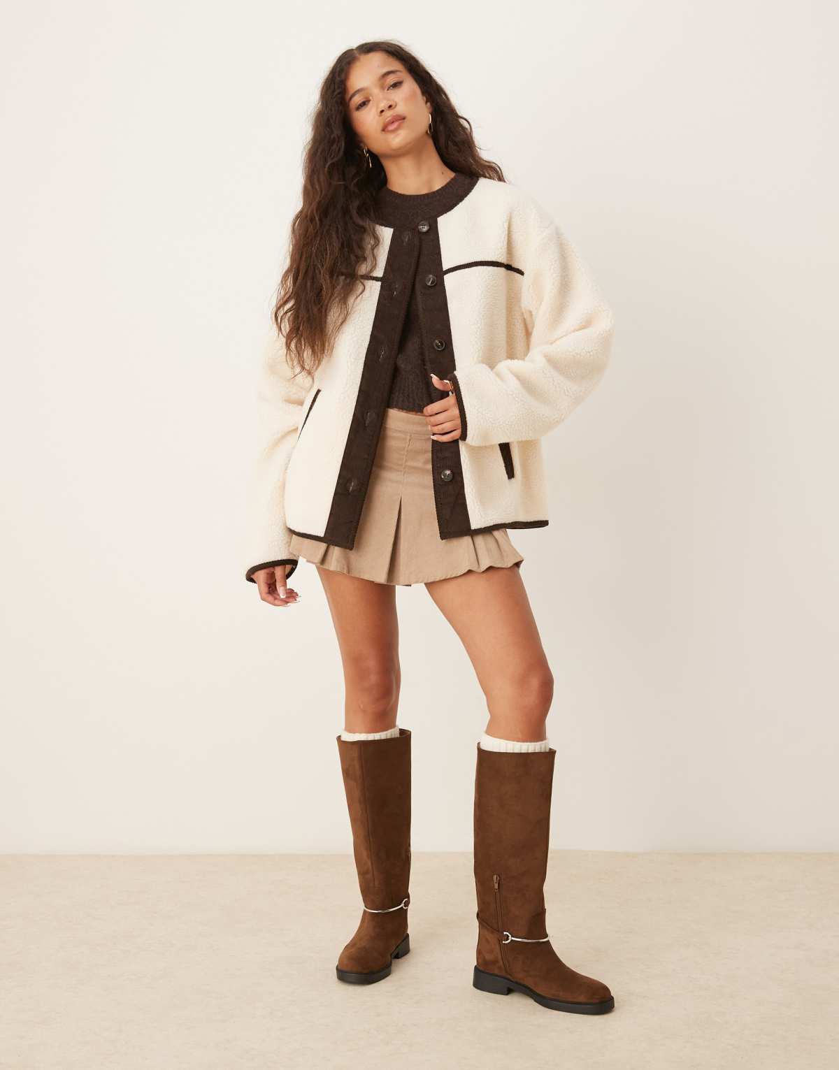 ASOS DESIGN borg cardigan with chocolate cord trim in cream