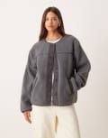 [ASOS DESIGN] ASOS DESIGN borg cardigan with cord trim in charcoal-Grey XS CHARCOAL