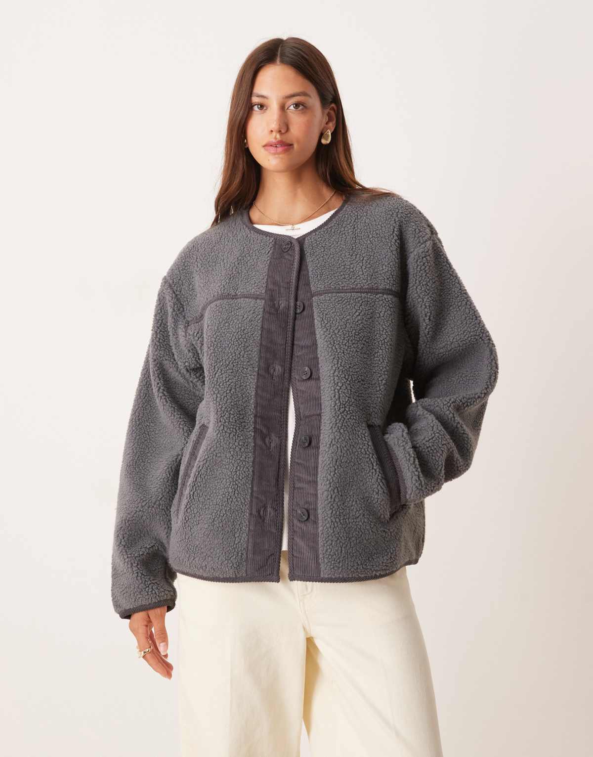 ASOS DESIGN borg cardigan with cord trim in charcoal