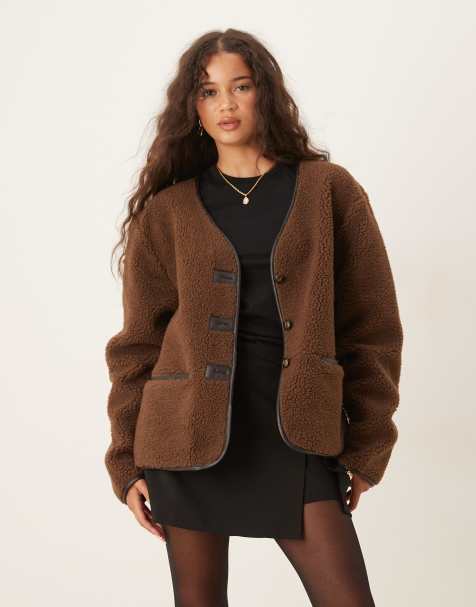 ASOS DESIGN borg cardigan with PU trim in chocolate - view 1