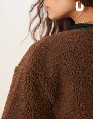 Asos Design Borg Cardigan With Pu Trim In Brown