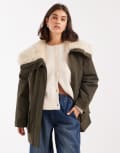 [ASOS DESIGN] ASOS DESIGN borg collar mid length parka in khaki-Green S Khaki