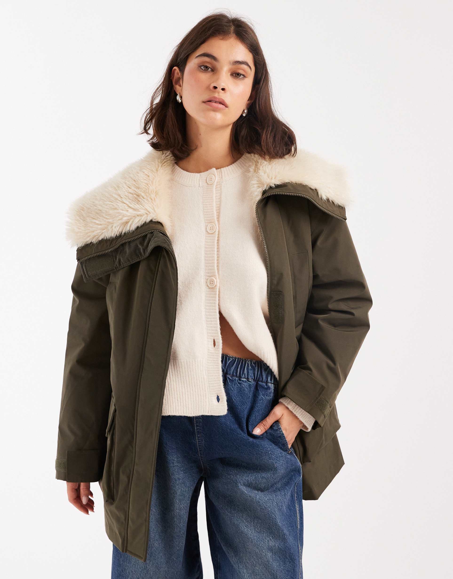 asos design borg collar mid length parka in khaki